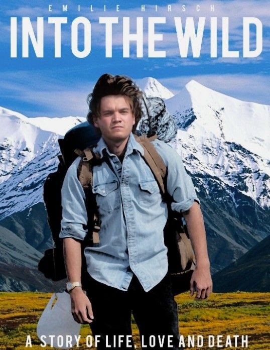 Into the Wild movie with man in Blue Shirt climbing on a snowy mountain with a brown backpack on. Determined look on his face to survive. Directed by Sean Penn